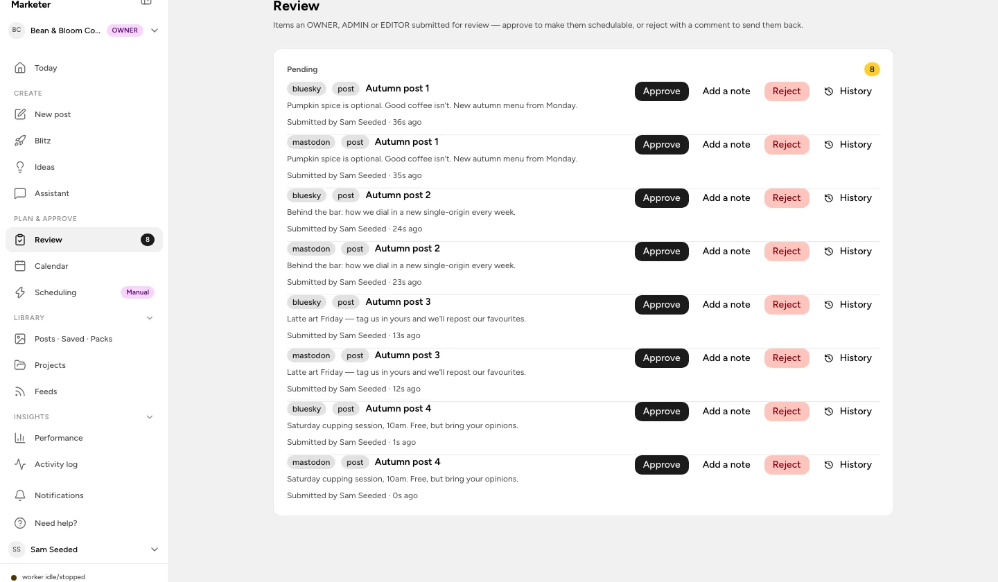The Review page in Social Digital Marketer: eight pending Bluesky and Mastodon posts, each with Approve, Add a note, Reject and History actions.